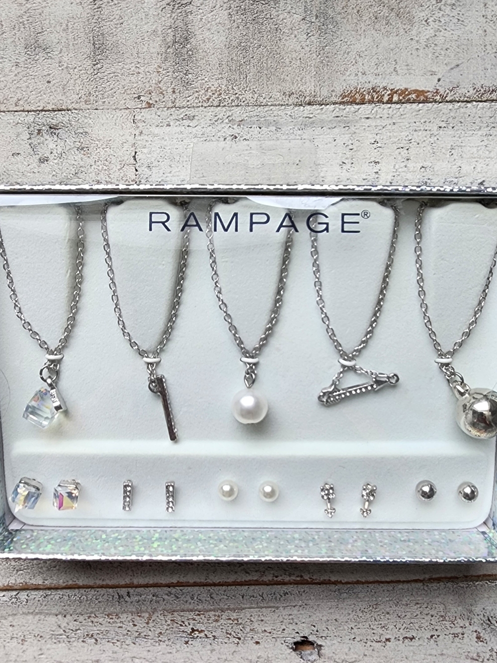 Rampage Silver Pearl & Crystal Layered Necklace Set with Stud Earrings